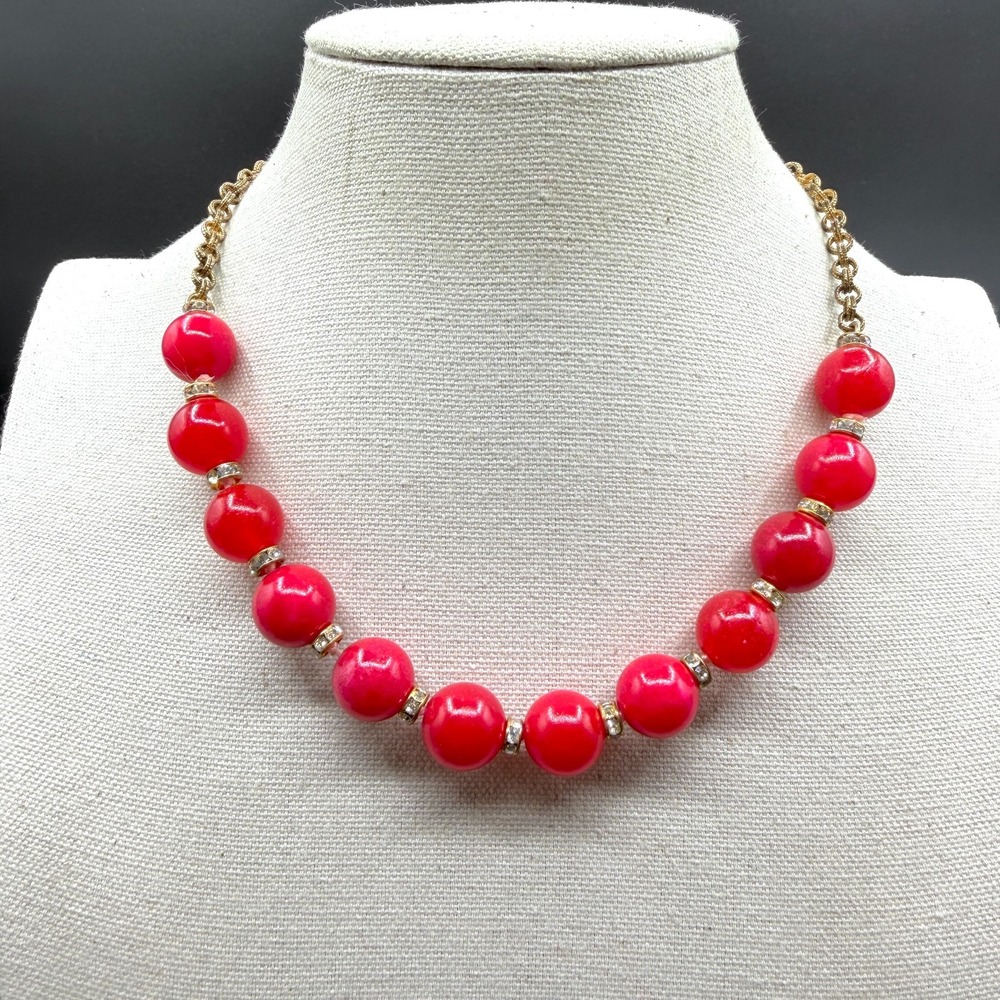 Red Bead Statement Necklace Gold Tone Chain Rhinestone Spacers Chunky Jewelry